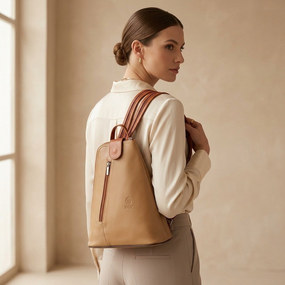 Vera Pelle Italian Leather Sling Backpack Beige Brown Firenze Made in Italy